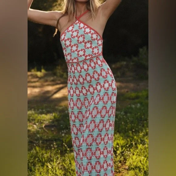 New Zara Red and White Crochet Halter Dress GEOMETRIC PRINT KNIT HALTER Size L - Picture 1 of 8